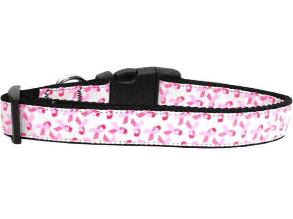 A stylish pet collar and leash set featuring pink ribbons on a white nylon background, suitable for dogs and cats.