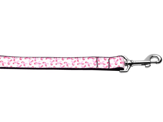 A stylish pet collar and leash set featuring pink ribbons on a white nylon background, suitable for dogs and cats.