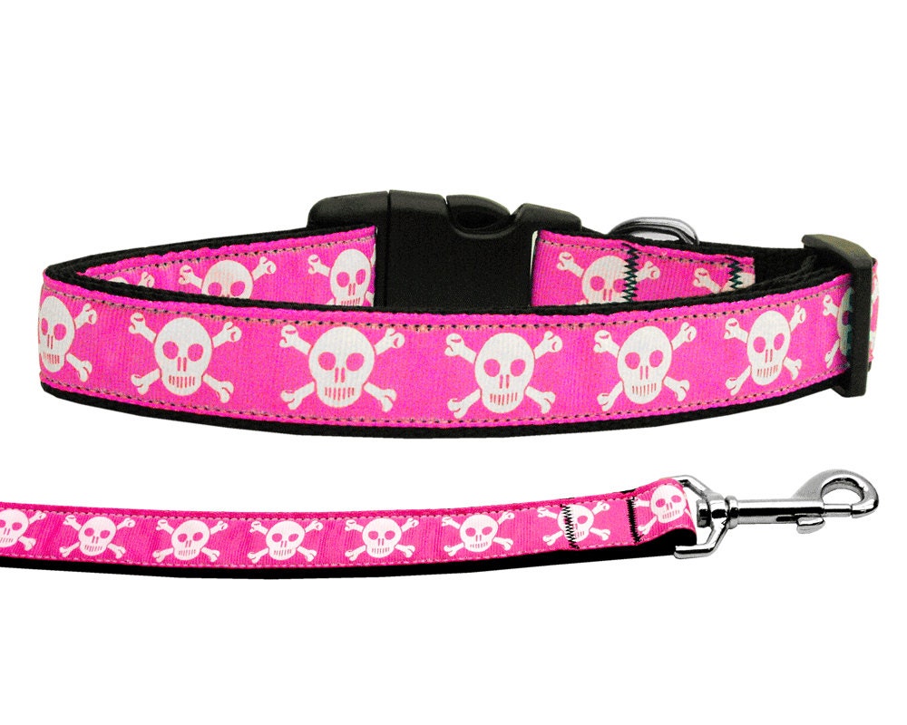 Pink Skulls nylon collar and leash for dogs and cats, featuring a stylish design and durable construction.