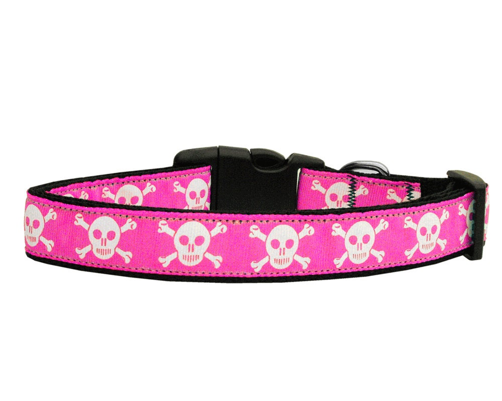 Pink Skulls nylon collar and leash for dogs and cats, featuring a stylish design and durable construction.