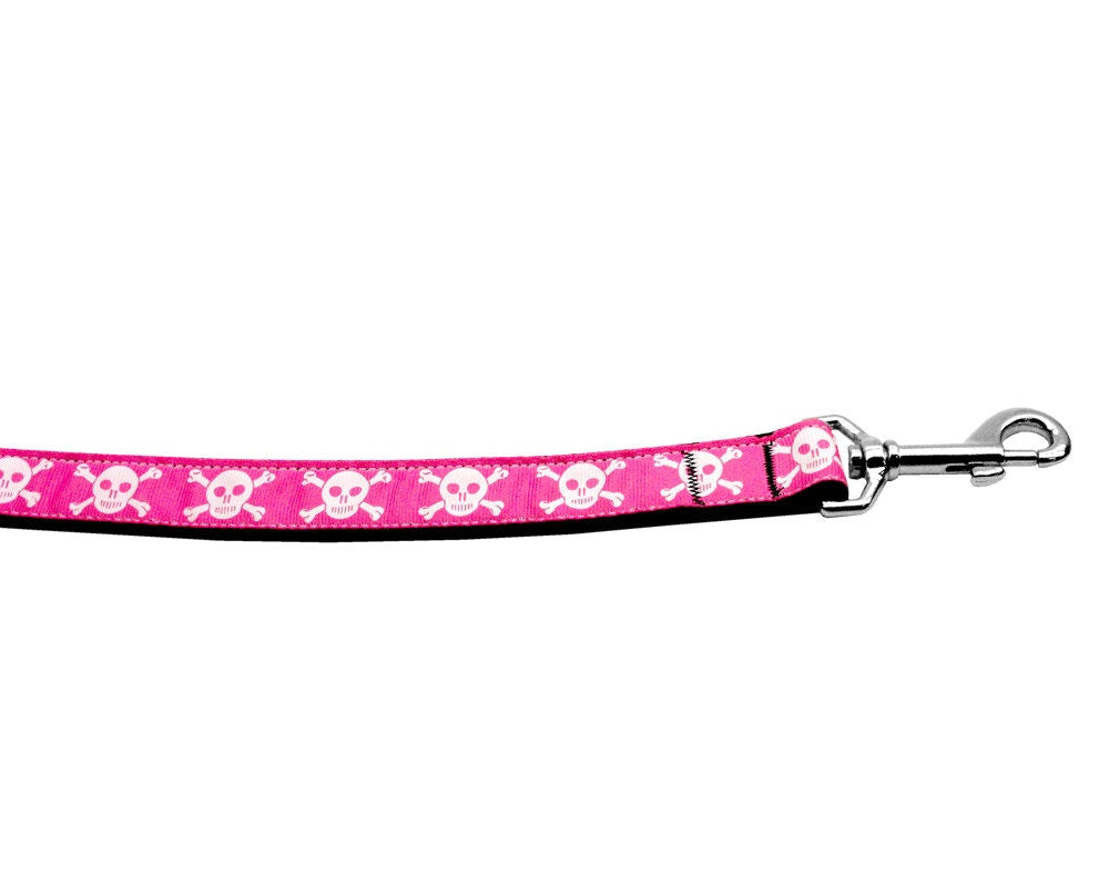 Pink Skulls nylon collar and leash for dogs and cats, featuring a stylish design and durable construction.