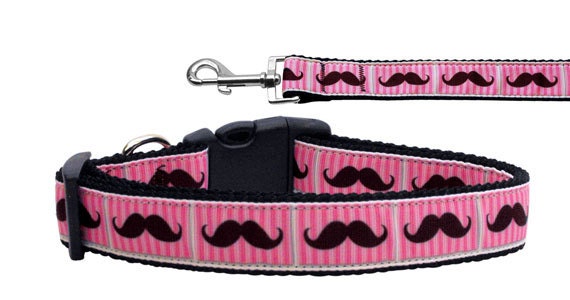 Pink striped moustache nylon collar and leash for dogs and cats, showcasing durable design and stylish pattern.