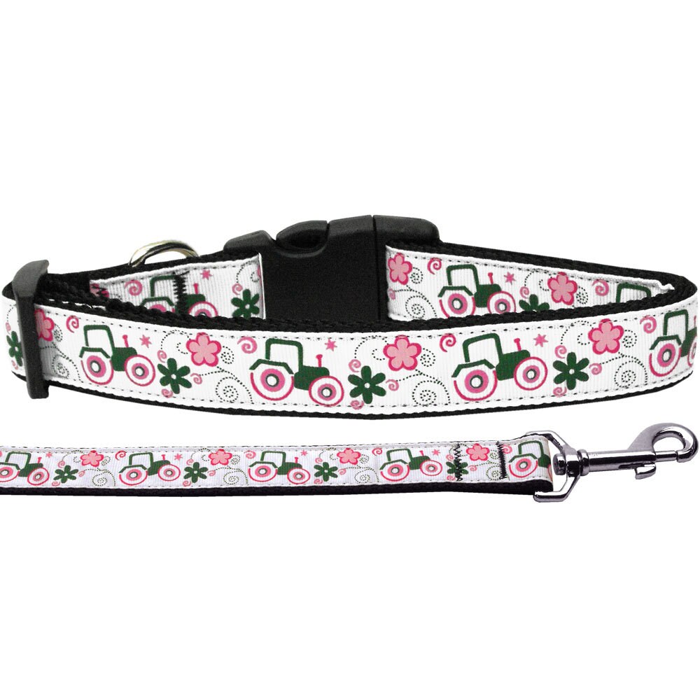 A stylish pink nylon collar and leash set featuring a tractor design, perfect for dogs and cats.