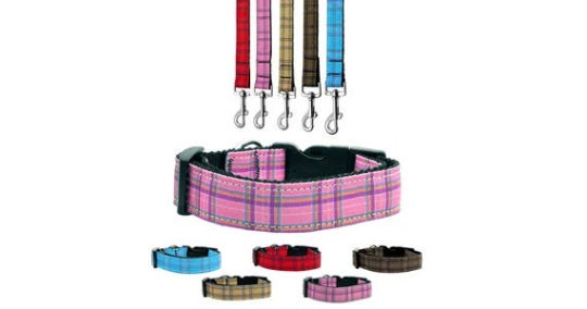 A stylish plaid nylon collar and leash set for dogs and cats, showcasing durability and safety features.