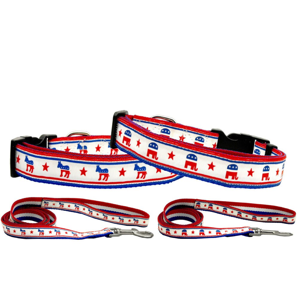 A stylish nylon collar and leash set for pets featuring Republican and Democrat designs, showcasing durability and fashion.