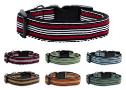 A stylish nylon collar and leash set for pets featuring vibrant preppy stripes, showcasing durability and safety features.