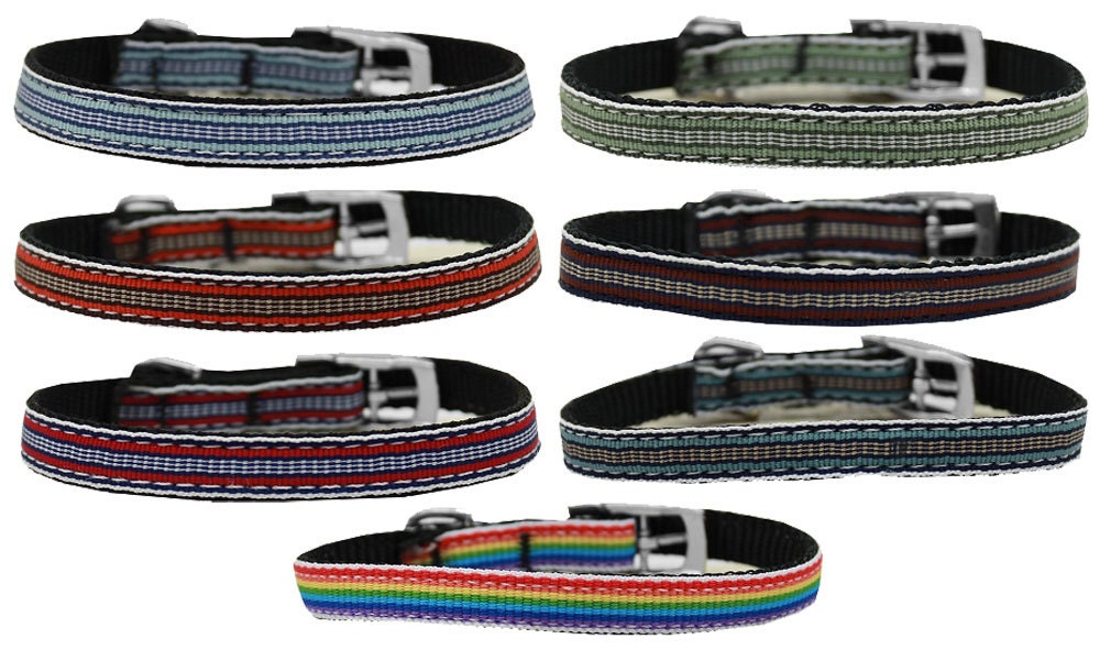 A stylish nylon collar and leash set for pets featuring vibrant preppy stripes, showcasing durability and safety features.