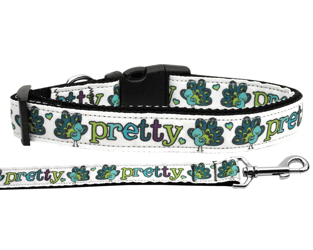 A vibrant nylon collar and leash set for pets featuring a peacock design, showcasing durability and style for dogs and cats.