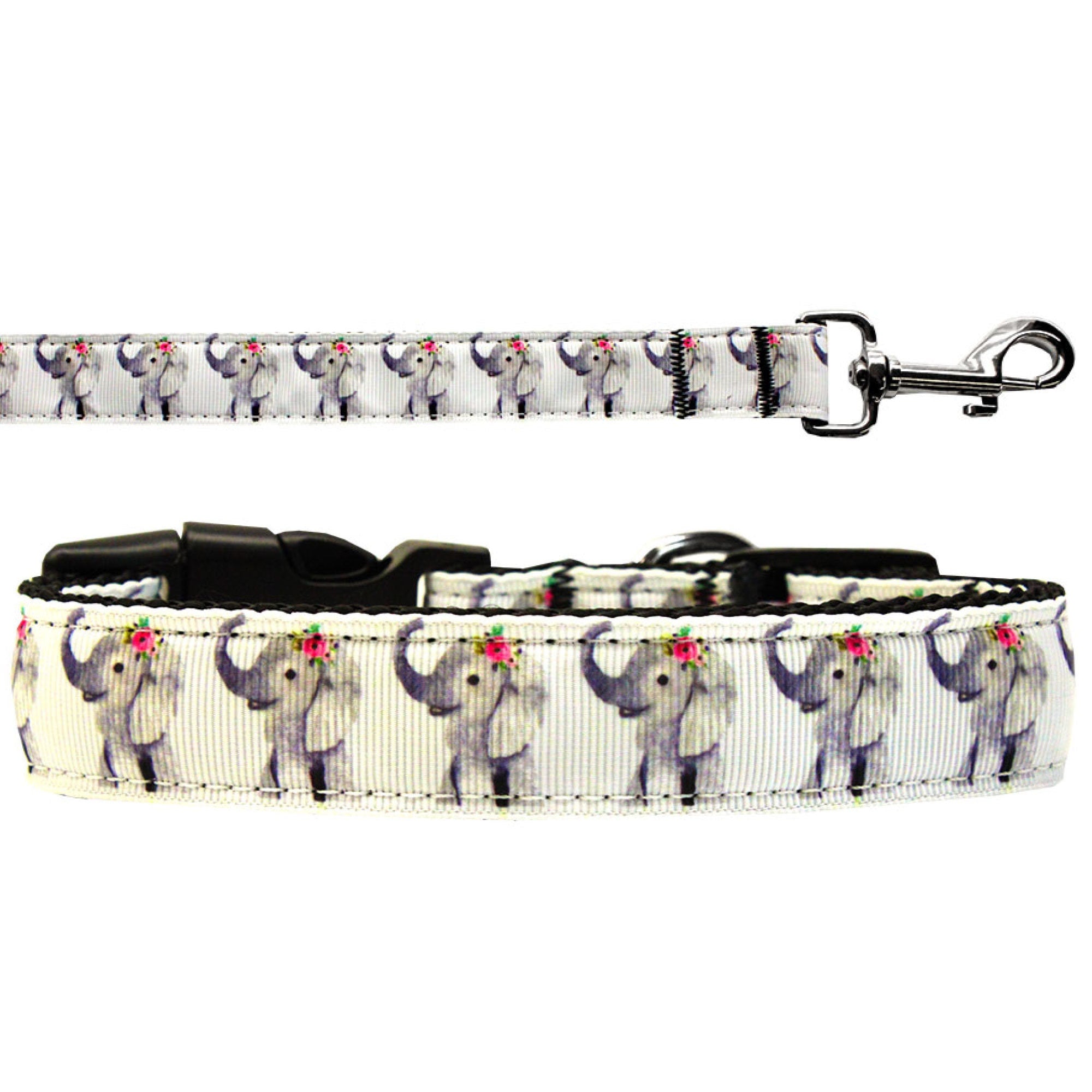 A stylish nylon collar and leash set featuring cute baby elephants, perfect for dogs and cats, showcasing vibrant colors and durable materials.
