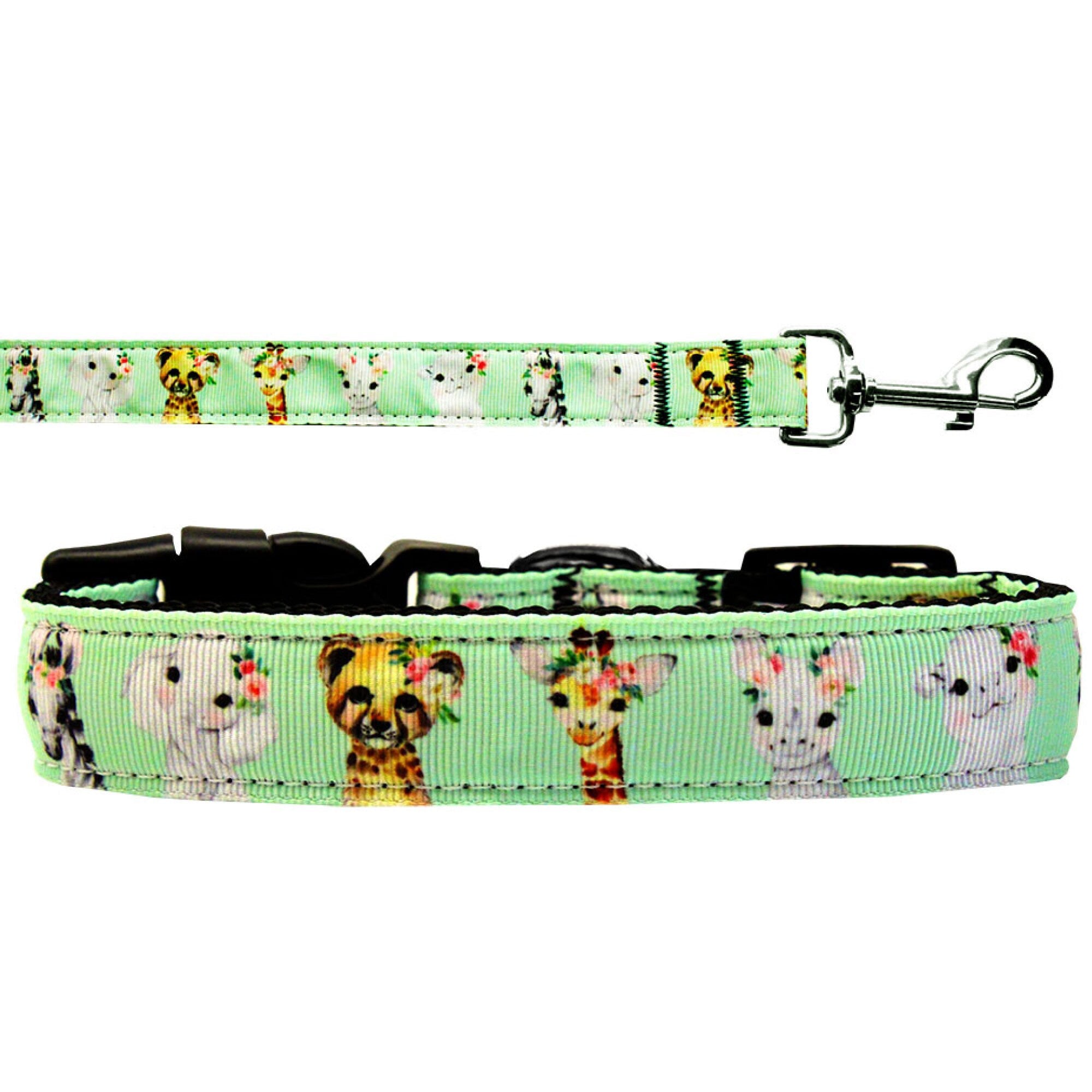 Colorful nylon collar and leash set for dogs and cats featuring a jungle theme design.