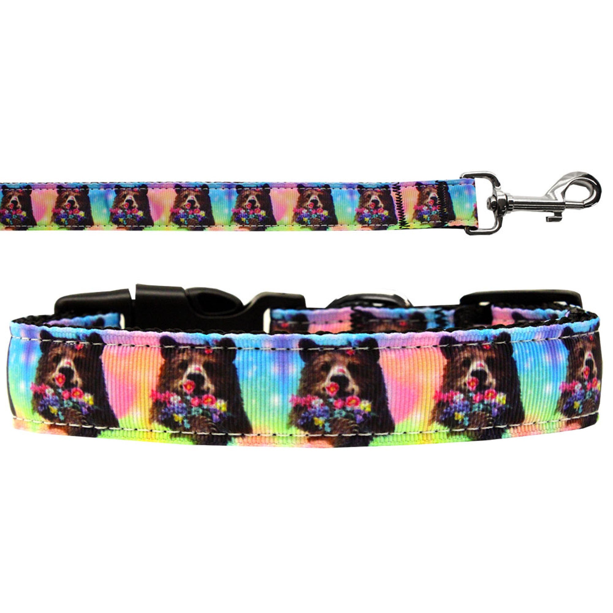 A stylish nylon collar and leash set for dogs and cats featuring the 'Pretty Baby Momma Bears' design, showcasing vibrant colors and durable materials.