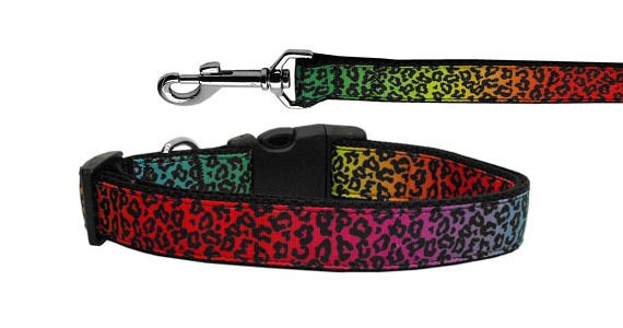 Colorful nylon collar and leash set for dogs and cats featuring a vibrant rainbow leopard design.
