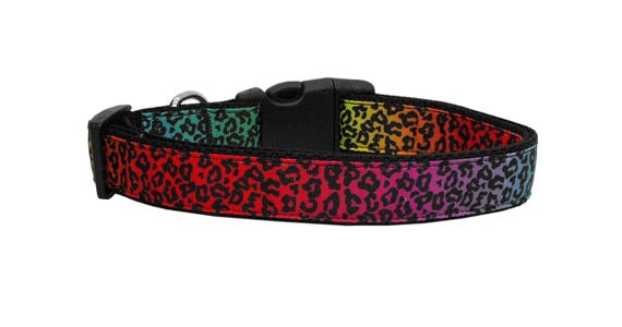 Colorful nylon collar and leash set for dogs and cats featuring a vibrant rainbow leopard design.