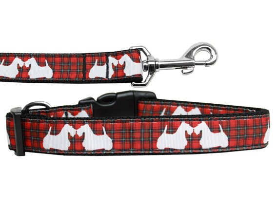 Red plaid nylon collar and leash for dogs and cats featuring Scotty pups design.