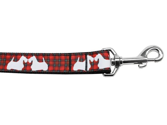 Red plaid nylon collar and leash for dogs and cats featuring Scotty pups design.