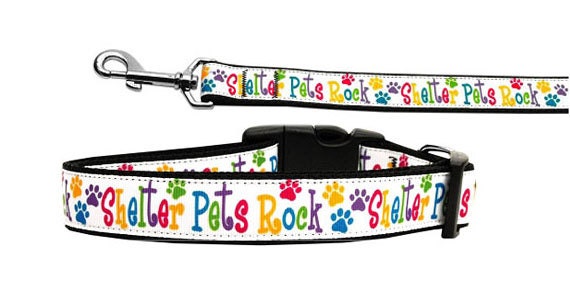 Durable nylon collar and leash for pets featuring 'Shelter Pets Rock' design, suitable for dogs and cats.