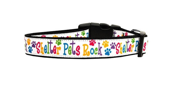 Durable nylon collar and leash for pets featuring 'Shelter Pets Rock' design, suitable for dogs and cats.