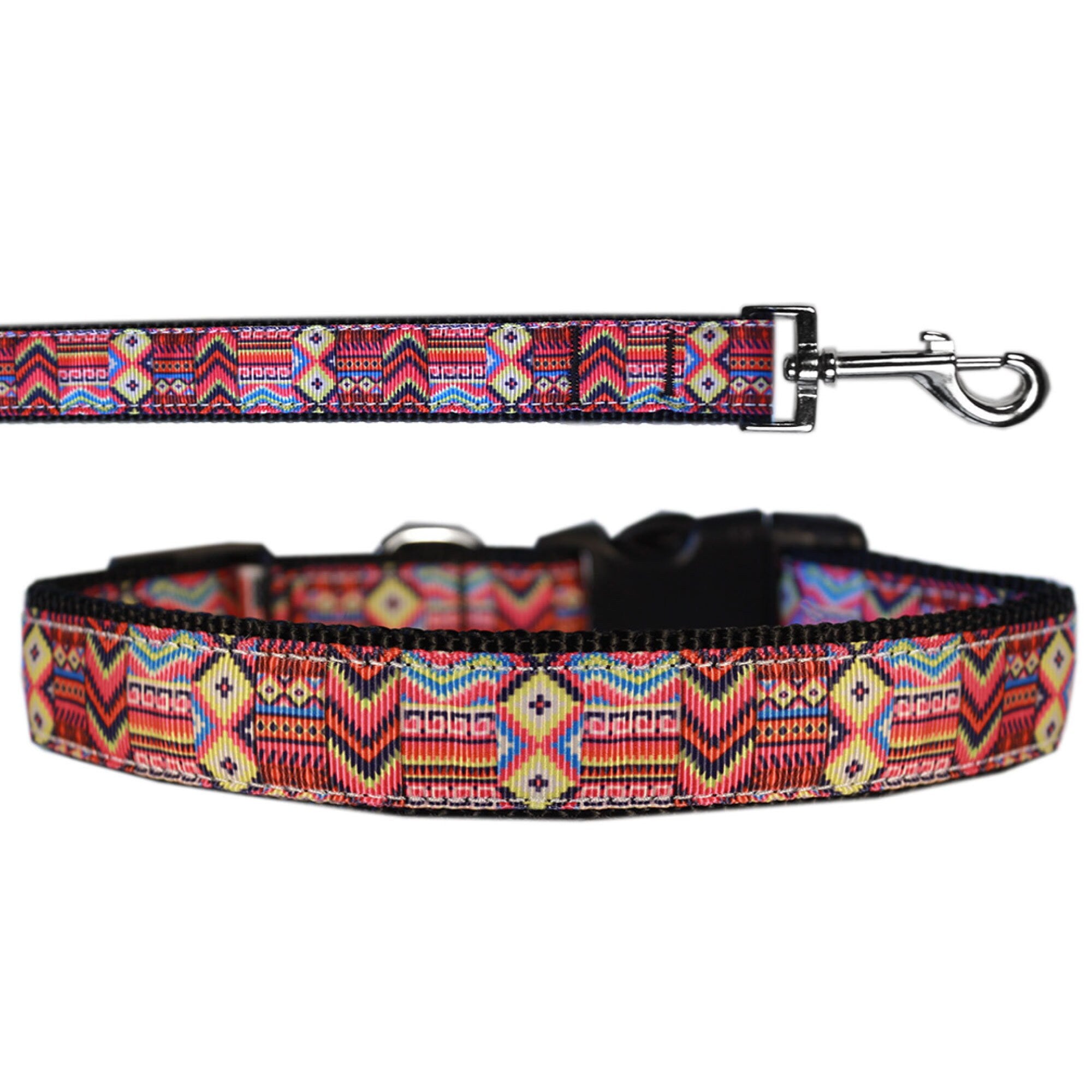 A stylish nylon collar and leash set for pets featuring a vibrant Southwestern design, showcasing durability and safety features.