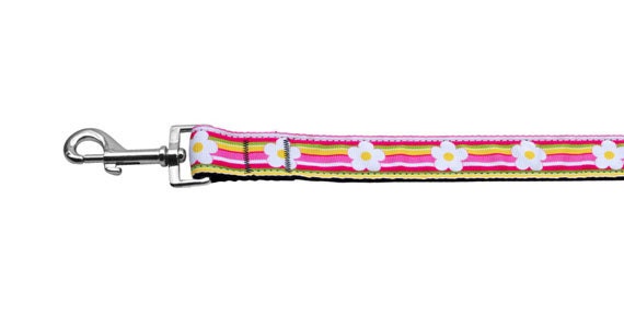 A stylish striped daisy nylon collar and leash for dogs and cats, showcasing vibrant colors and durable design.