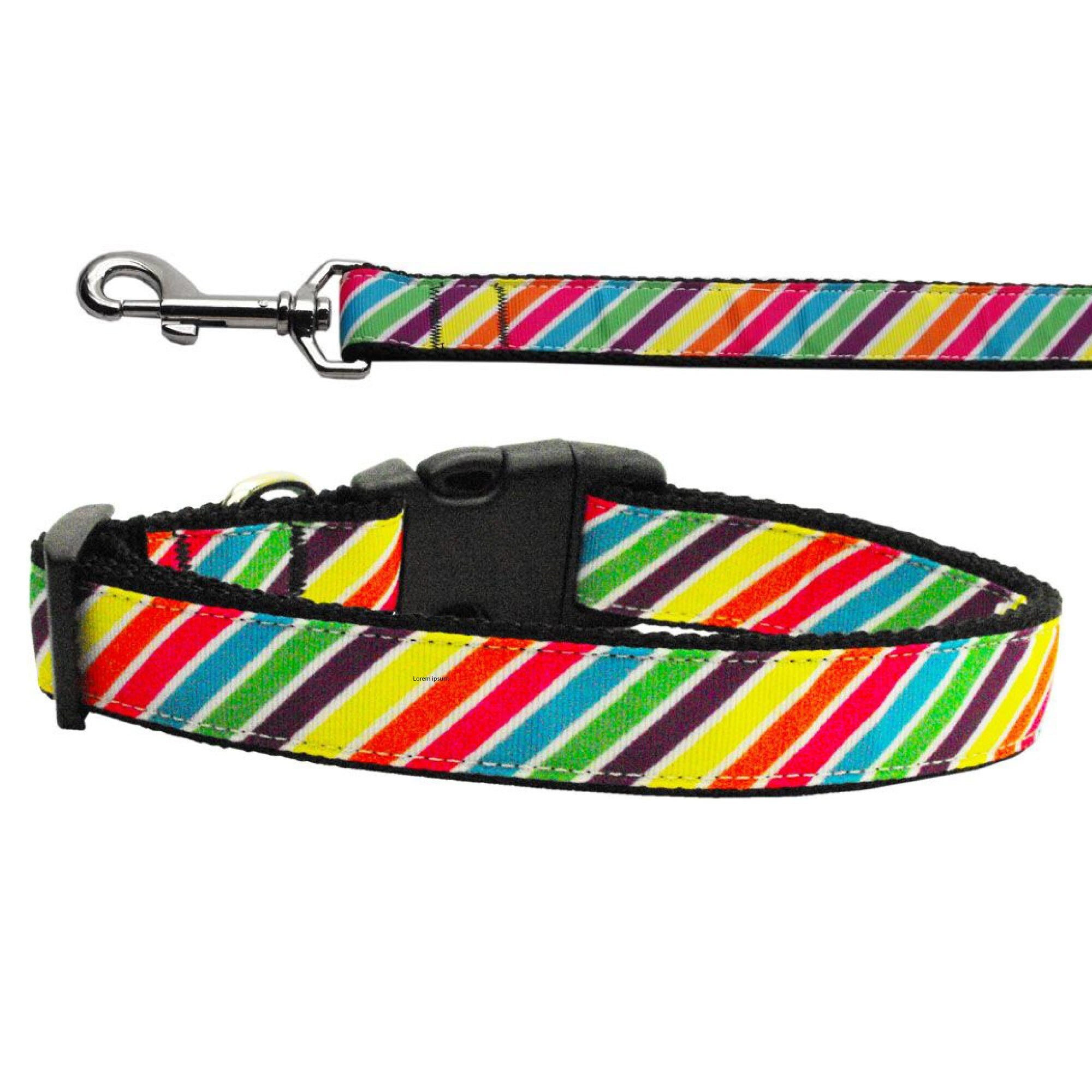 Striped Rainbow nylon collar and leash for dogs and cats, showcasing vibrant colors and durable design.