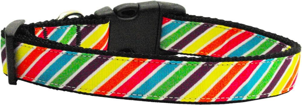 Striped Rainbow nylon collar and leash for dogs and cats, showcasing vibrant colors and durable design.