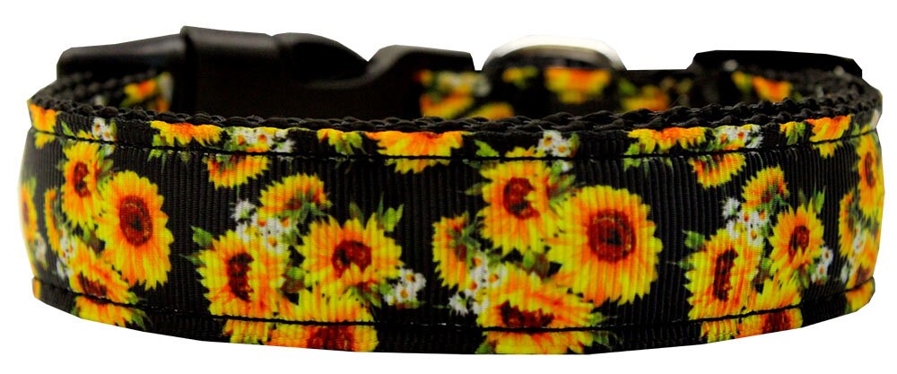 A vibrant sunflower patterned nylon collar and leash set for dogs and cats, showcasing durability and style.