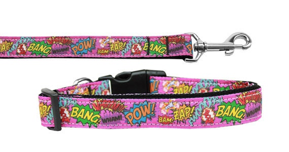 Pet dog and cat nylon collar and leash in pink with superhero sound effects design, showcasing durability and style.