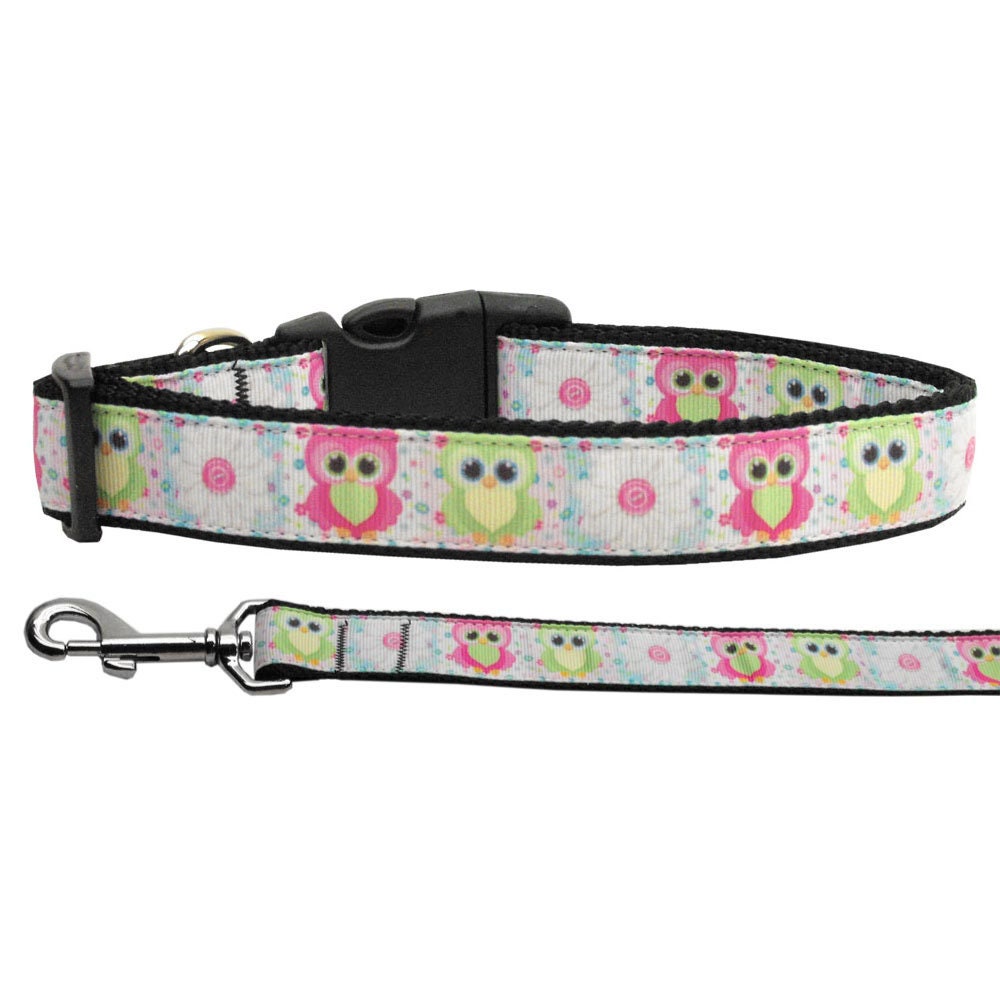 Colorful nylon collar and leash set featuring cute owl design, perfect for dogs and cats.