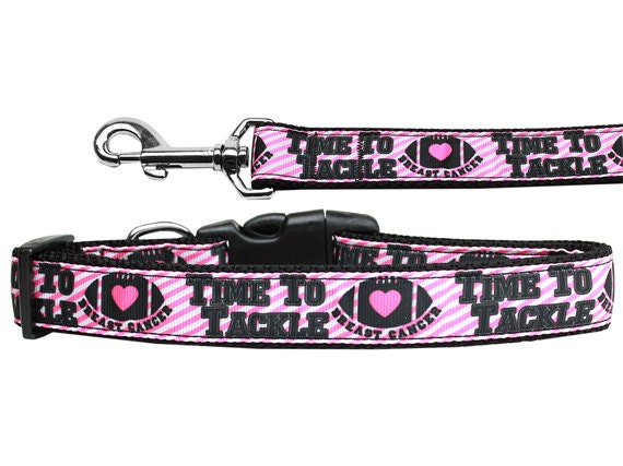 Durable nylon collar and leash set for dogs and cats, featuring a stylish ribbon design supporting breast cancer awareness.