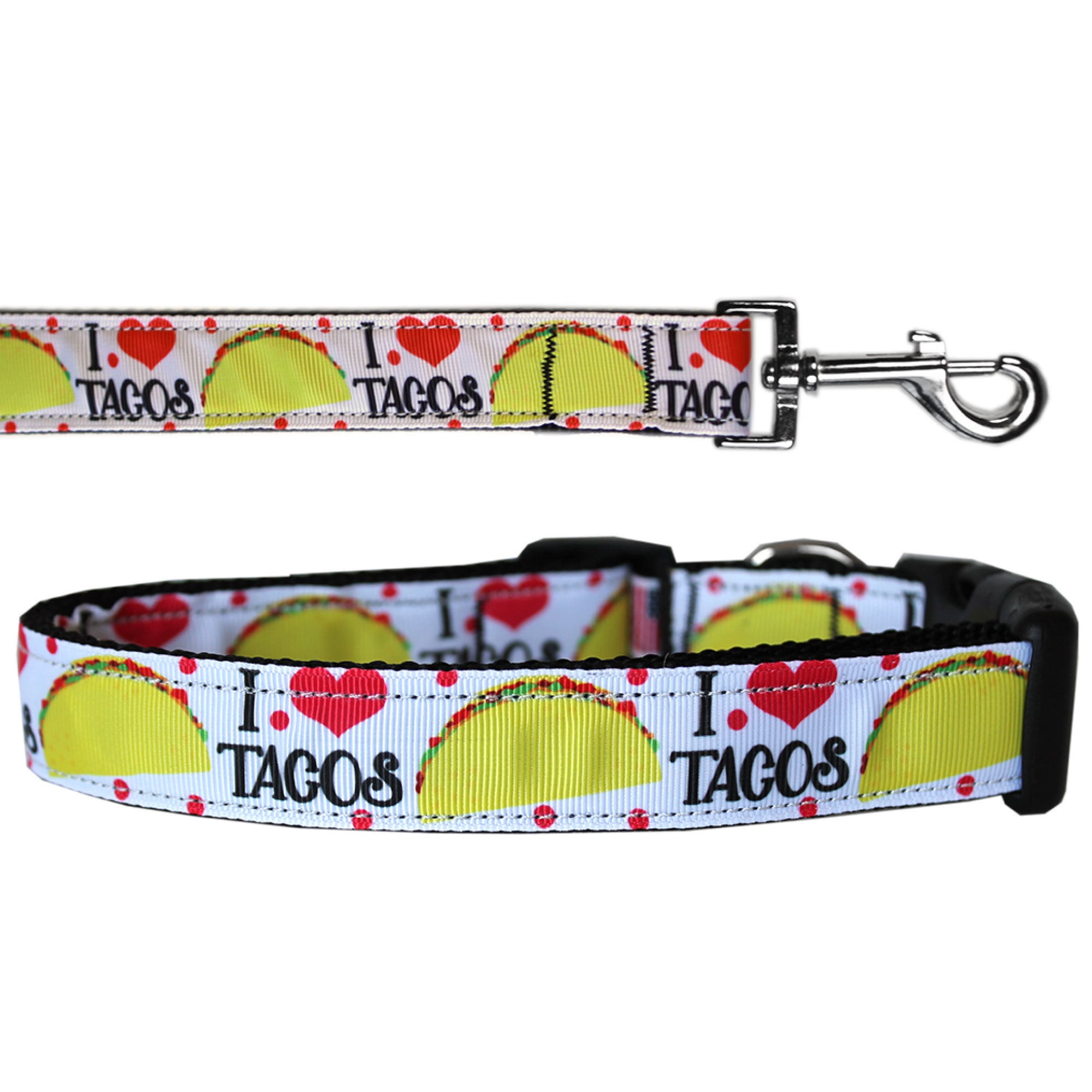 Colorful nylon collar and leash for pets featuring a fun 'Taco Tuesday' design, suitable for dogs and cats.