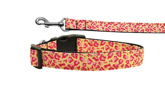Tan and Pink Leopard nylon collar and leash for dogs and cats, featuring durable military-grade nylon and stylish design.