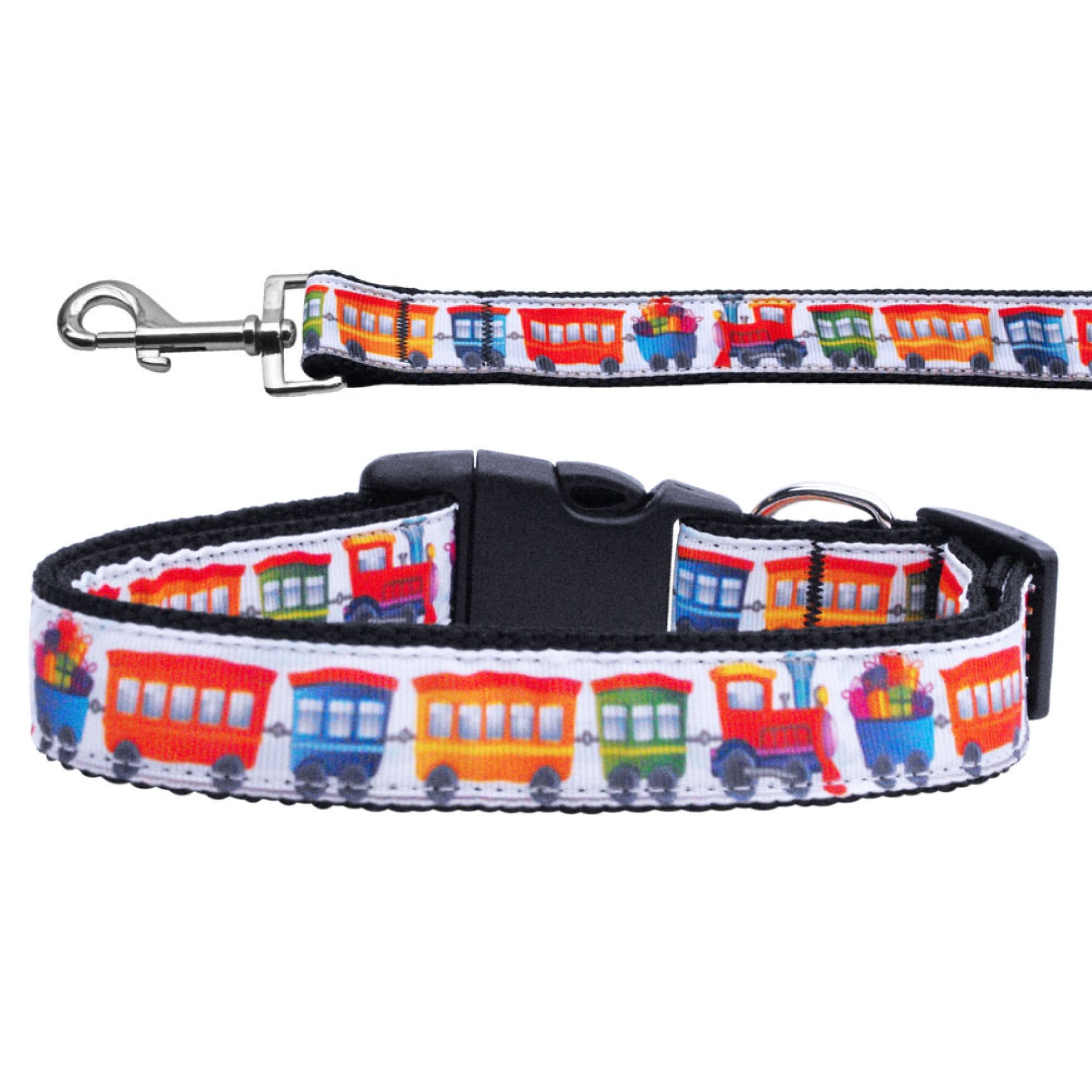 A stylish nylon collar and leash set for dogs and cats featuring a unique train design, showcasing durability and safety features.