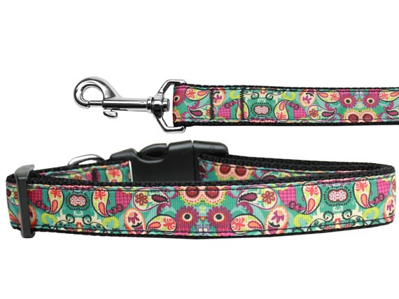 Turquoise Paisley nylon collar and leash for dogs and cats, showcasing a stylish design with durable materials.