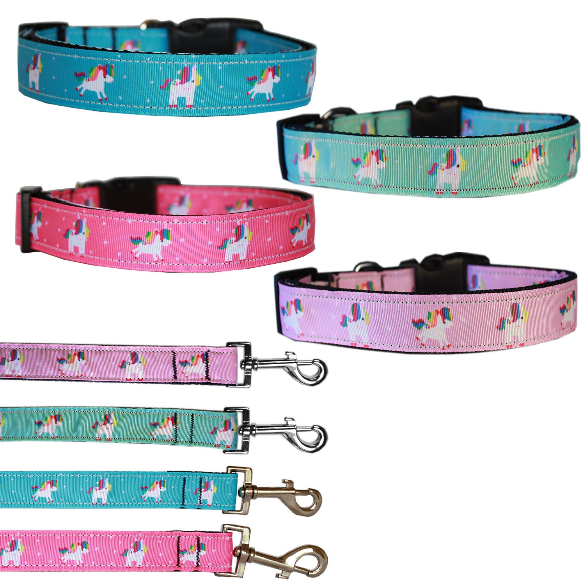 Colorful nylon collar and leash set for pets featuring a unicorn design, available in pink, blue, mauve, and aqua.