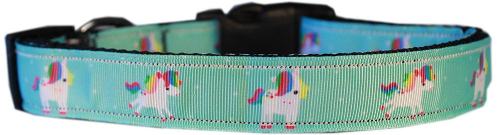 Colorful nylon collar and leash set for pets featuring a unicorn design, available in pink, blue, mauve, and aqua.
