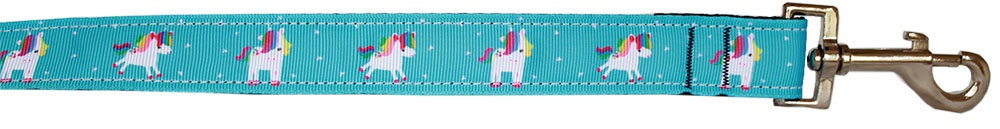 Colorful nylon collar and leash set for pets featuring a unicorn design, available in pink, blue, mauve, and aqua.