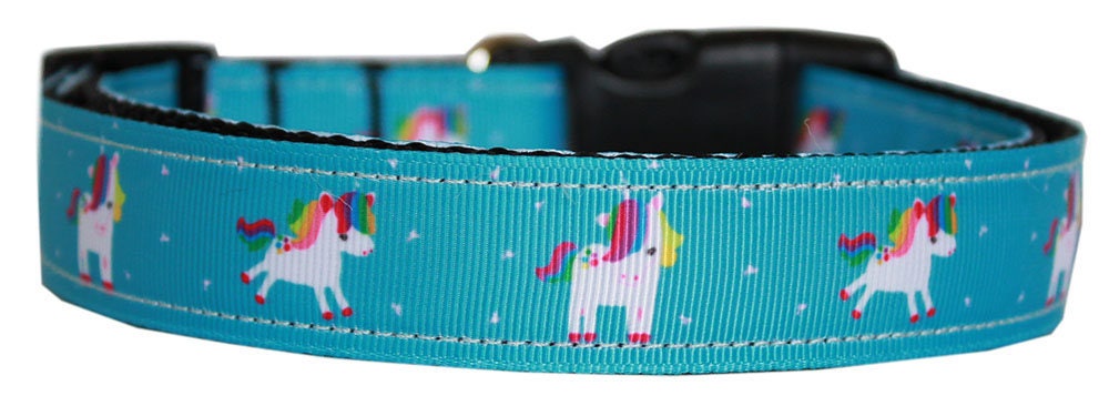 Colorful nylon collar and leash set for pets featuring a unicorn design, available in pink, blue, mauve, and aqua.