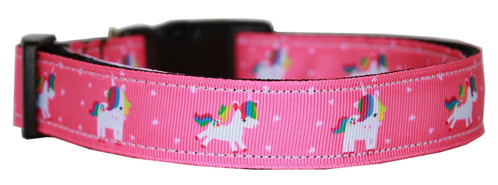 Colorful nylon collar and leash set for pets featuring a unicorn design, available in pink, blue, mauve, and aqua.