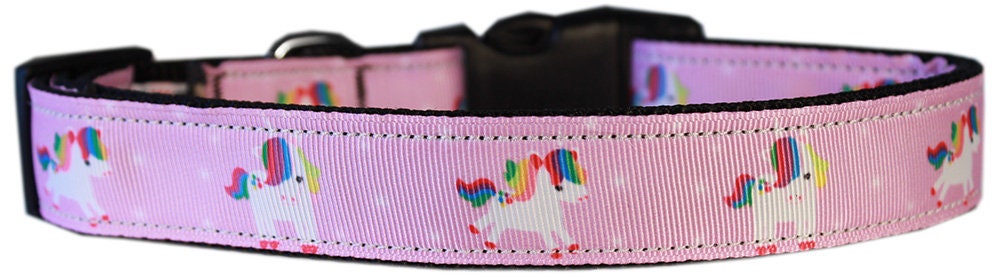 Colorful nylon collar and leash set for pets featuring a unicorn design, available in pink, blue, mauve, and aqua.