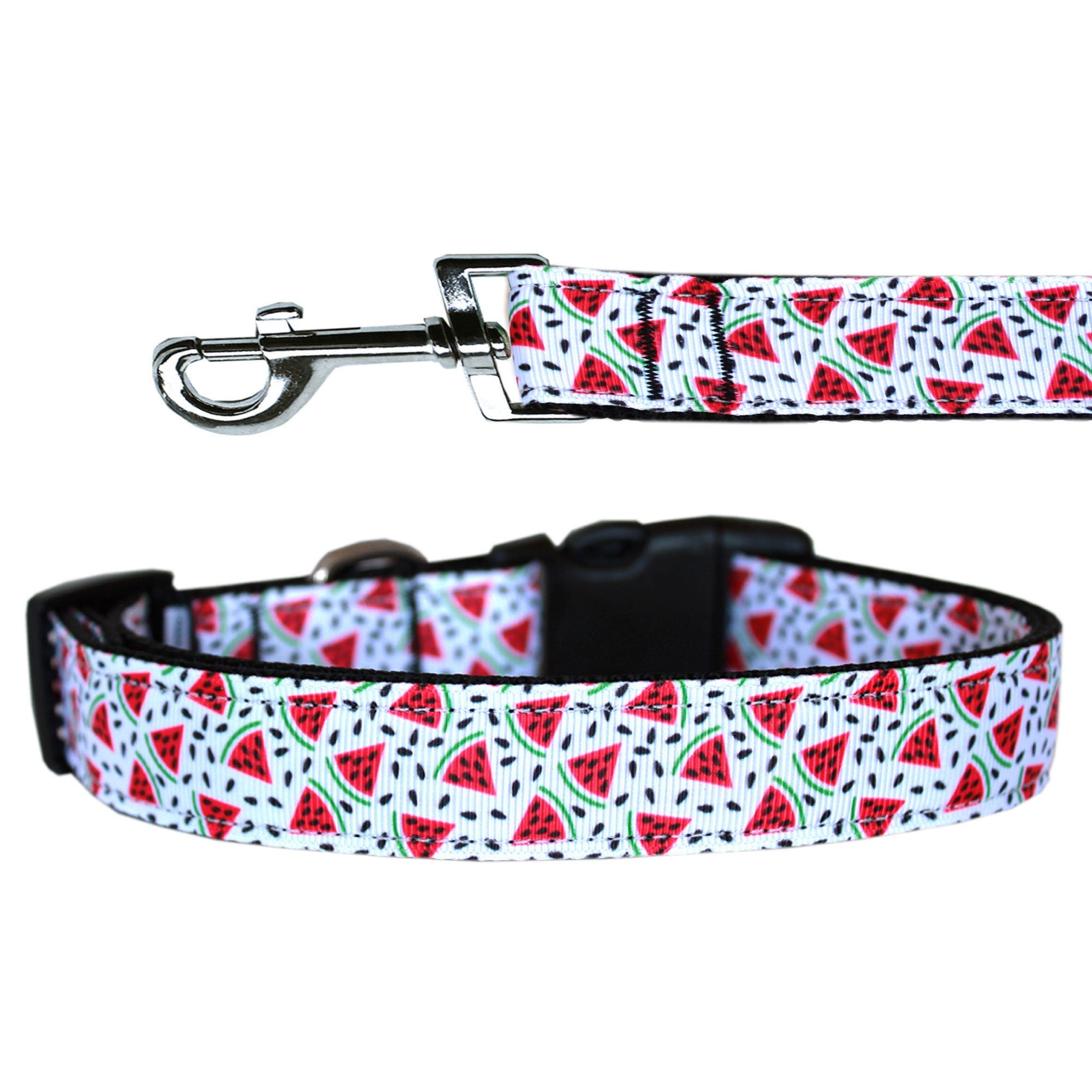 A vibrant watermelon-themed nylon collar and leash set for dogs and cats, showcasing its durable design and stylish appearance.