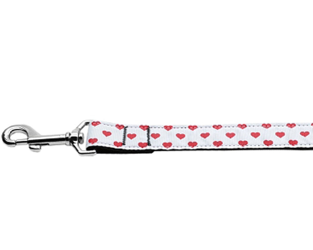 Stylish nylon collar and leash for pets featuring white and red dotty hearts design, perfect for dogs and cats.