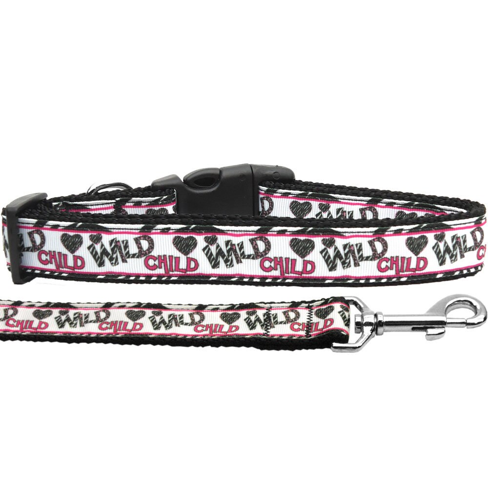 A stylish nylon collar and leash set for pets, featuring a vibrant 'Wild Child' design, made from durable military-grade nylon.