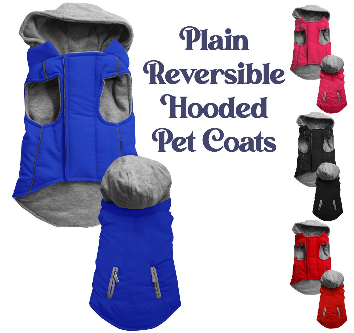 Reversible hooded coat for dogs and cats, featuring a water-resistant outer shell and warm inner hoodie.