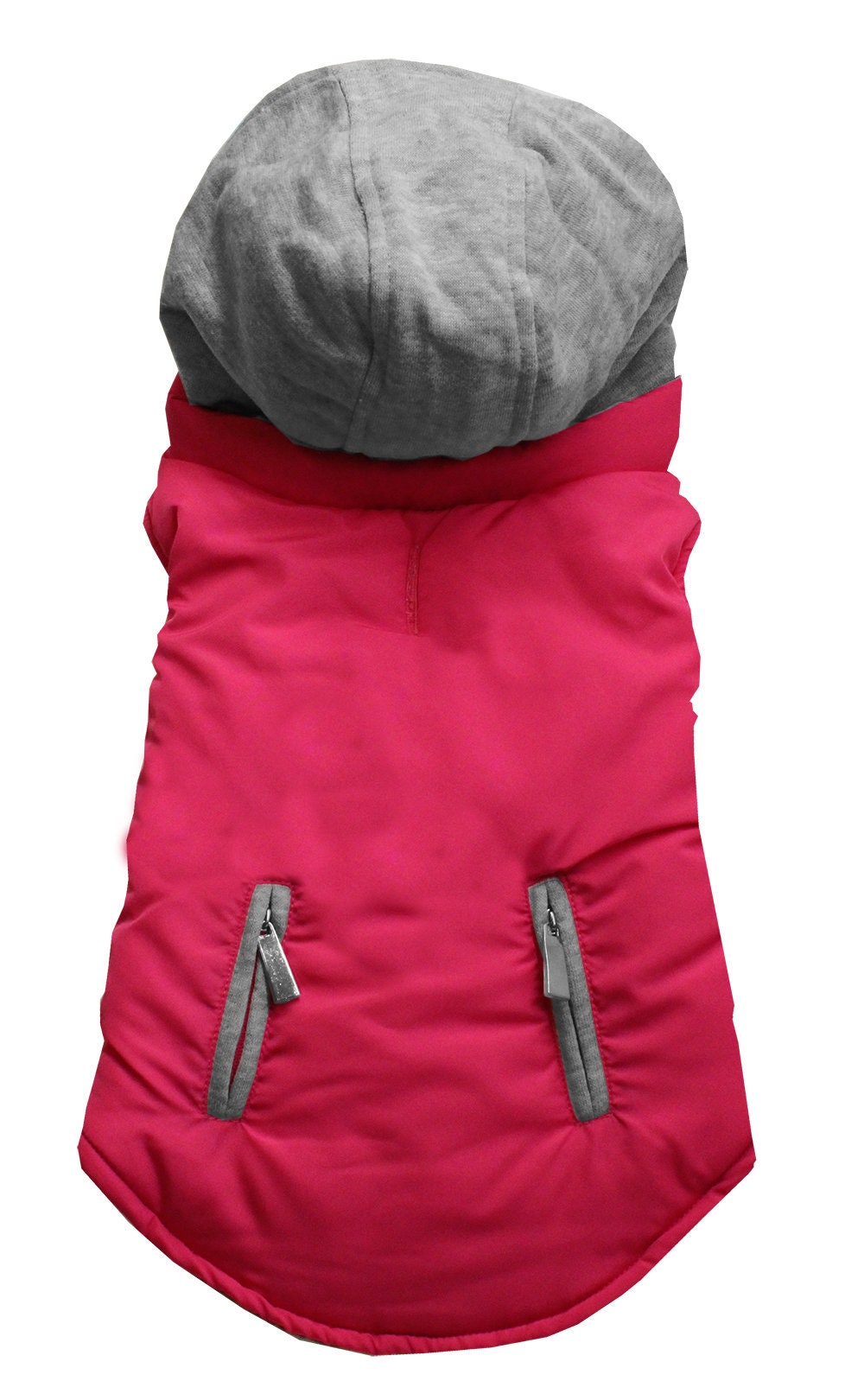Reversible hooded coat for dogs and cats, featuring a water-resistant outer shell and warm inner hoodie.