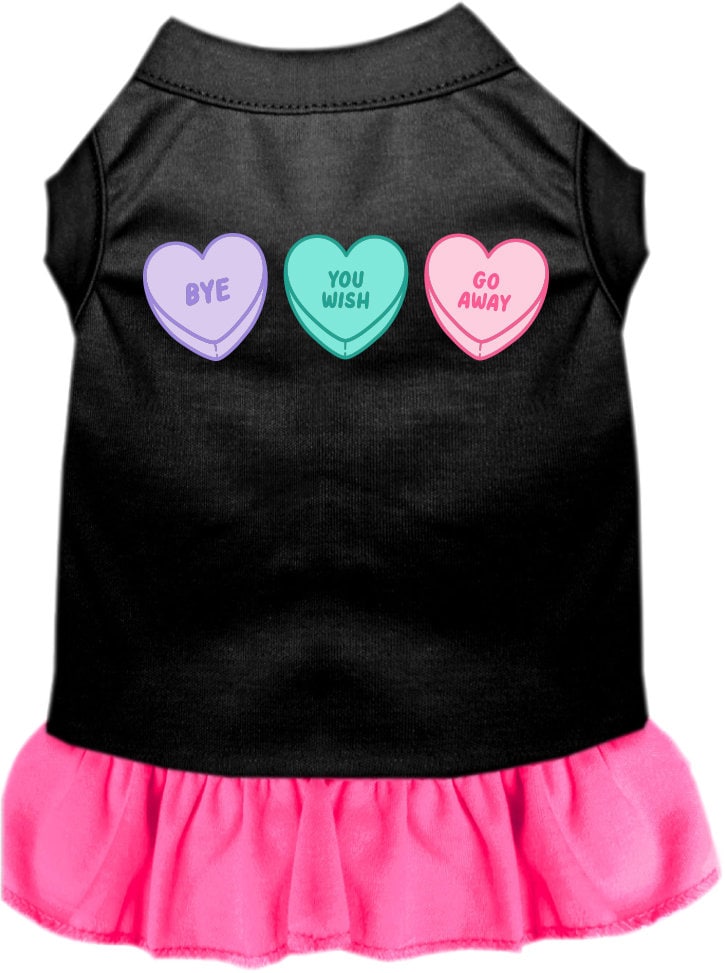 A small to medium pet wearing a cute Anti Valentines Hearts dress with ruffles, showcasing a playful design.
