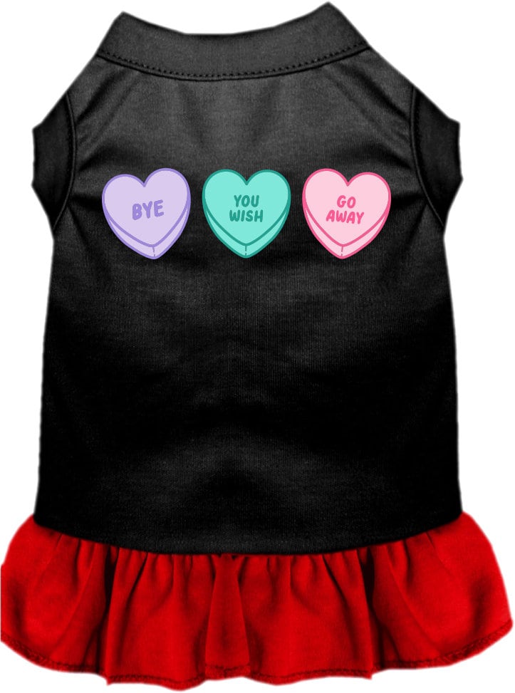 A small to medium pet wearing a cute Anti Valentines Hearts dress with ruffles, showcasing a playful design.