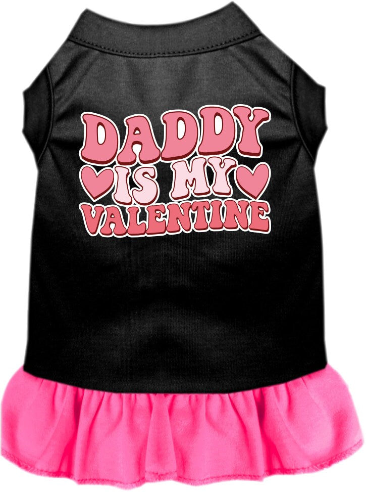 A cute pet dress for dogs and cats, featuring a ruffled bottom and the text 'Daddy Is My Valentine' in a playful font.