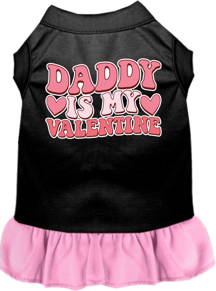 A cute pet dress for dogs and cats, featuring a ruffled bottom and the text 'Daddy Is My Valentine' in a playful font.