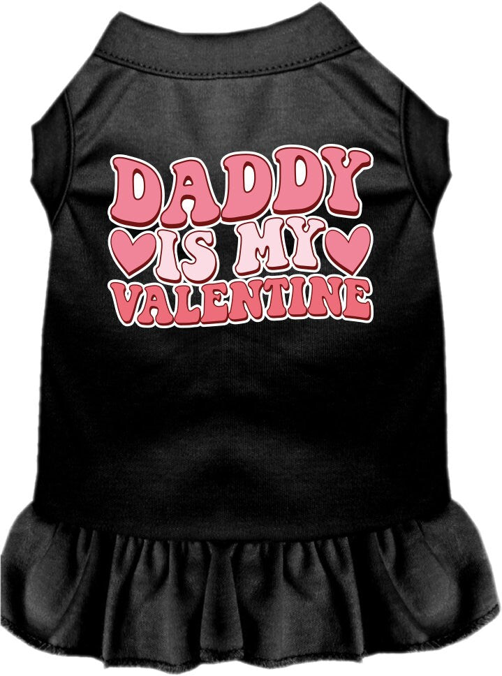 A cute pet dress for dogs and cats, featuring a ruffled bottom and the text 'Daddy Is My Valentine' in a playful font.
