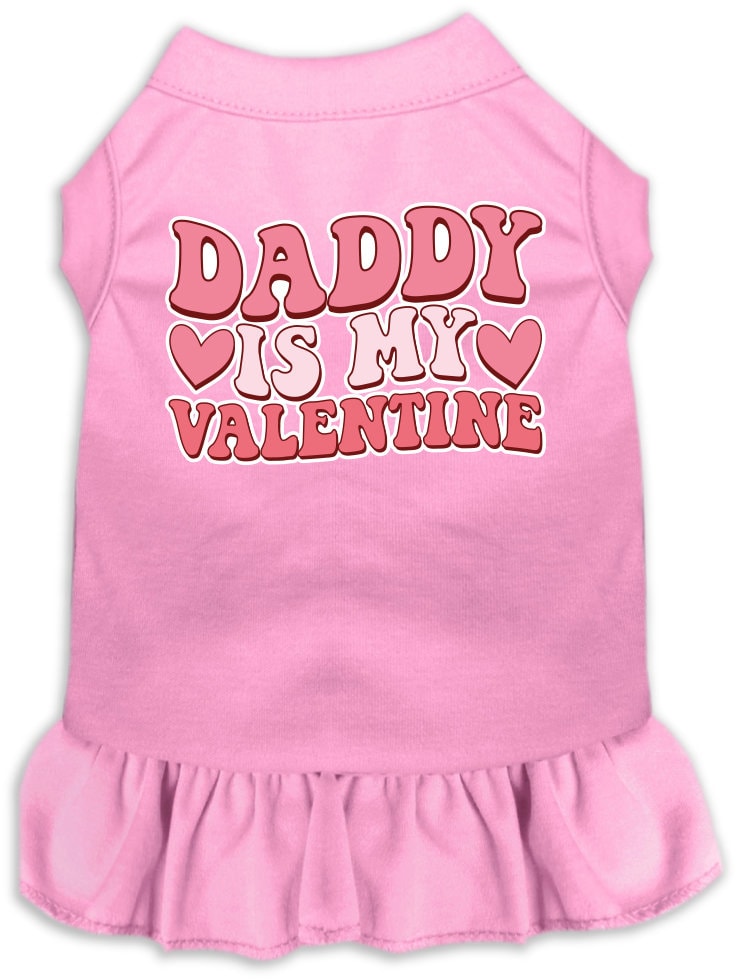 A cute pet dress for dogs and cats, featuring a ruffled bottom and the text 'Daddy Is My Valentine' in a playful font.